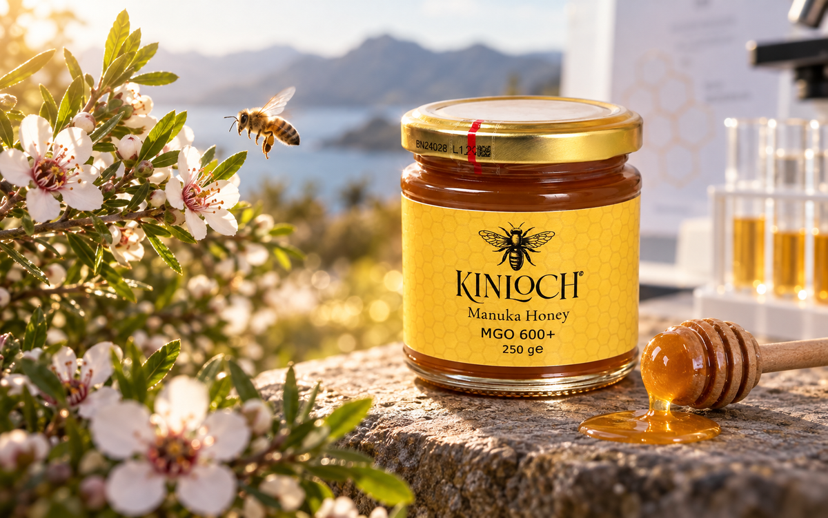 Kinloch MGO 600+ Mānuka honey with Mānuka blossoms, a bee, honey dipper and laboratory testing equipment.