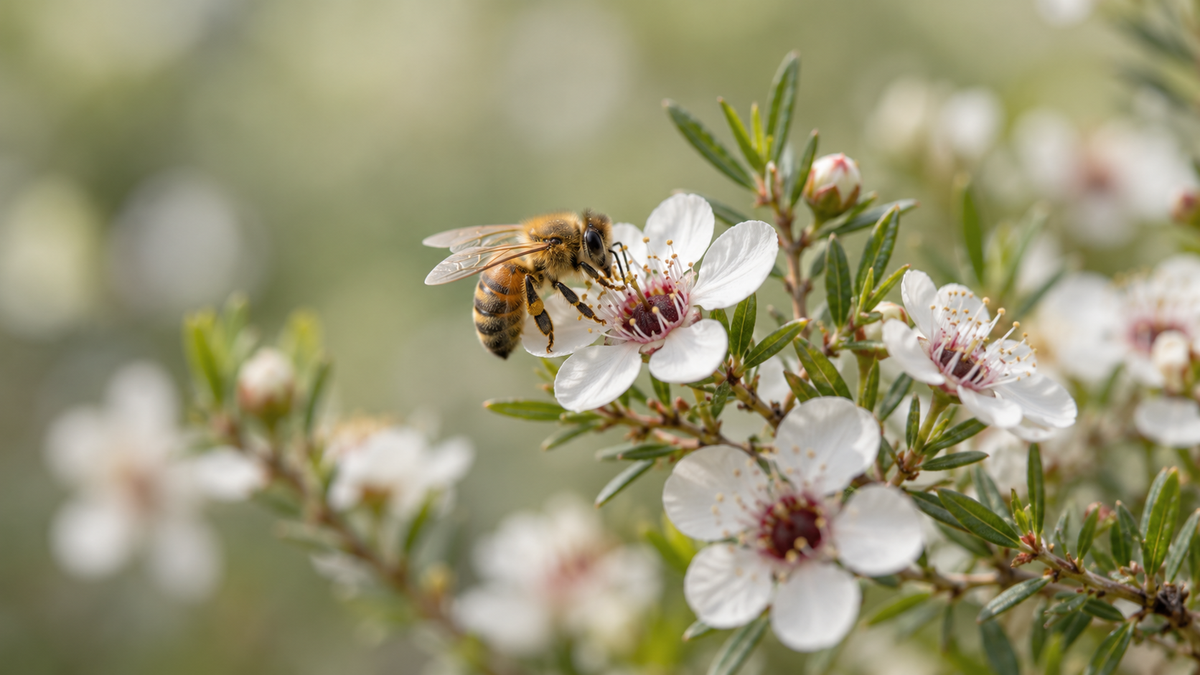 Honey bee collecting nectar from white Mānuka flowers against a softly blurred green background.