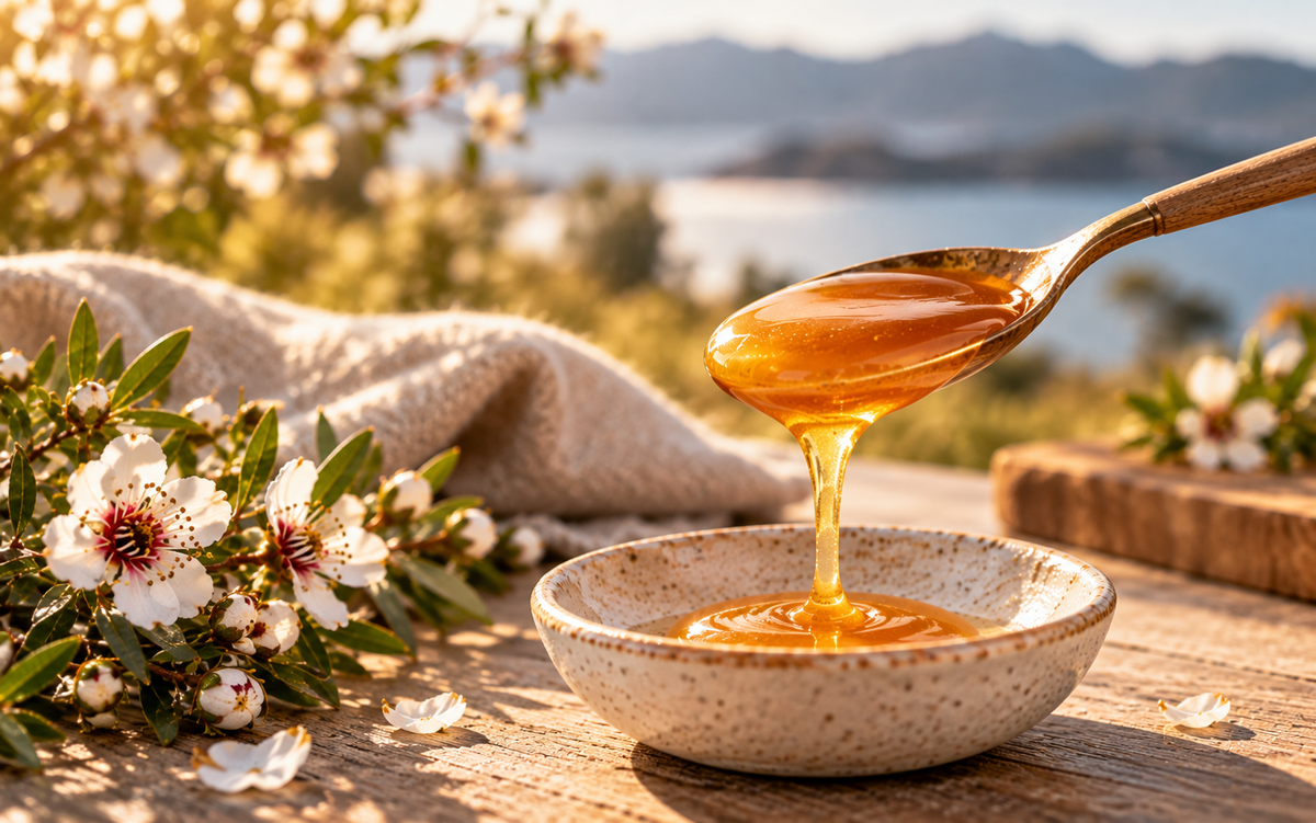 A teaspoon of golden Mānuka honey beside a ceramic dish and white Mānuka flowers.