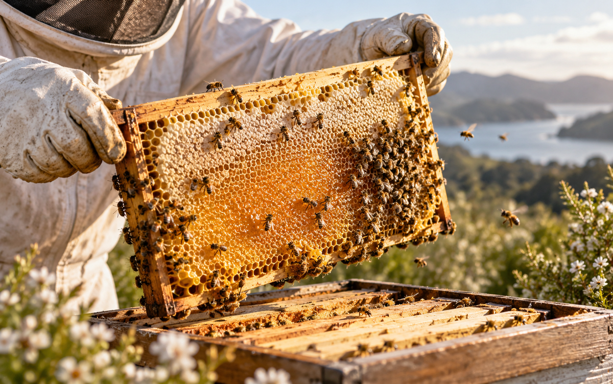 Beekeeper inspecting a honeycomb frame covered with bees during a hive inspection.