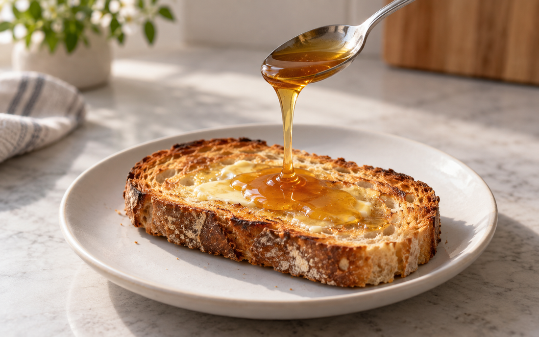 Honey dripping from a spoon onto buttered toast on a white plate.