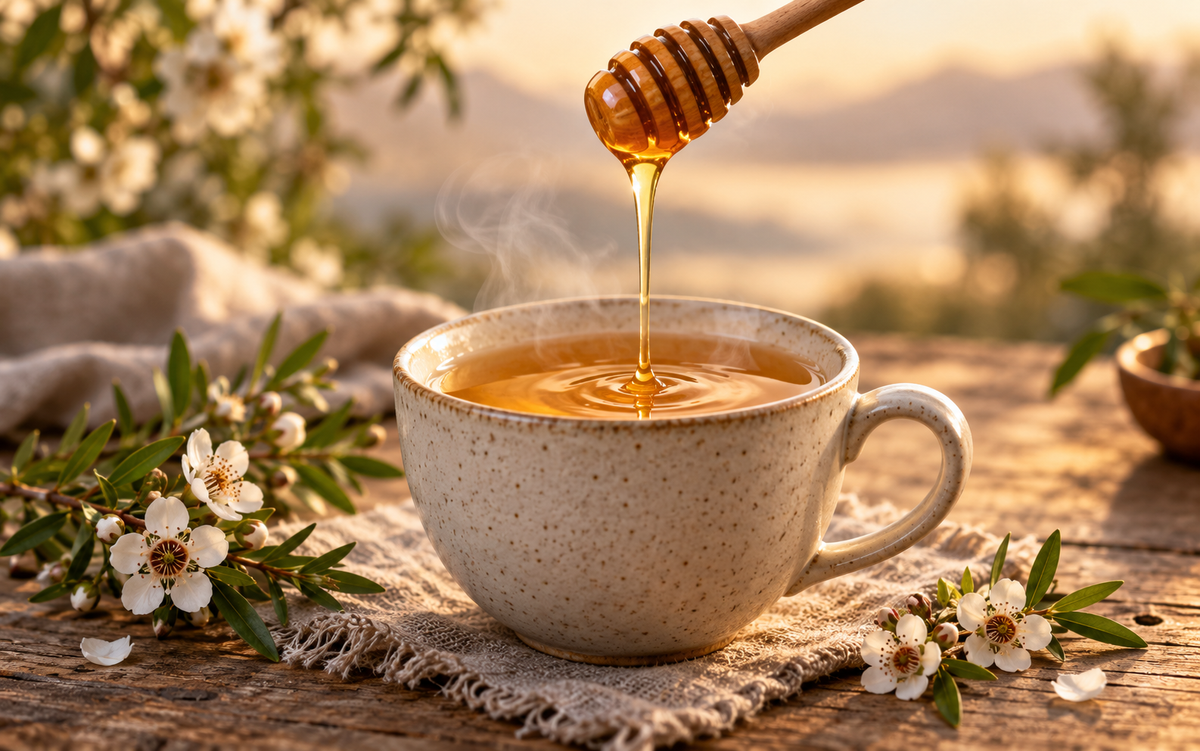 Mānuka honey drizzling from a wooden dipper into a warm cup of tea, surrounded by white Mānuka flowers.