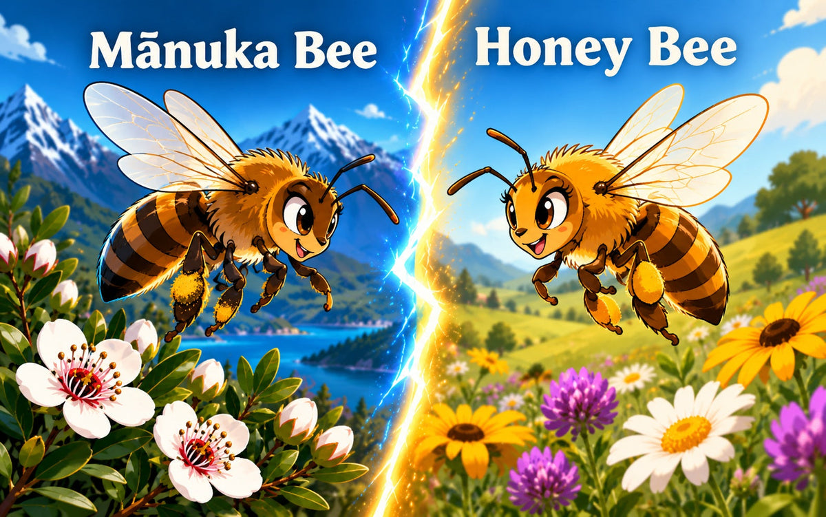 Mānuka honey vs regular honey illustrated with a Mānuka bee and honey bee